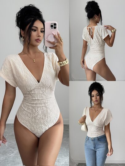Selianne Women's Early Autumn New Arrival Fashionable Women Daily Gathering Holiday Outfit Daily Travel Versatile Pleated Waist Design Premium Jacquard Textured Fabric Deep V-Neck Apricot Dropped Shoulder Short Sleeve Cinched Waist Bodysuit