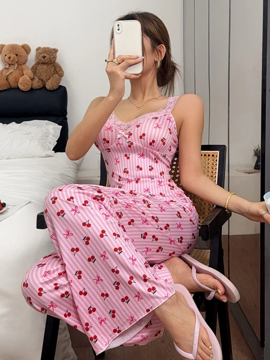 Napfluff Sweet Style Striped Cherry Print Lace Camisole & Long Pants 2 Pieces Pajama Set With Bow Decor Loungewear - Multicolor - View 1