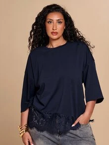 SHEIN BAE CURVE Plus Size Women's Fashion Versatile Lace Patchwork T-Shirt - Navy Blue - View 3