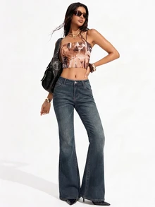 SHEIN Tall 女款休閒水洗低腰喇叭牛仔褲 - Fresh Green - 查看 4
