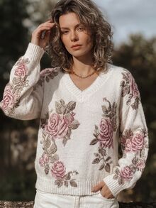 SHEIN French Vintage Loose Drop Shoulder Soft Vibe Floral Pattern Pullover Sweater - Apricot - View 3