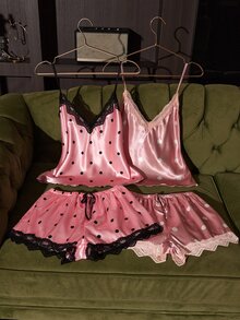 SilkySpell 4piece Set Women's Sexy Silk Pajama Set, Lace Trim Contrast Color Pajamas, Polka Dot Print Pink Pajama Set, Silky Satin Pajama Multi-Piece Set - Multicolor - View 5