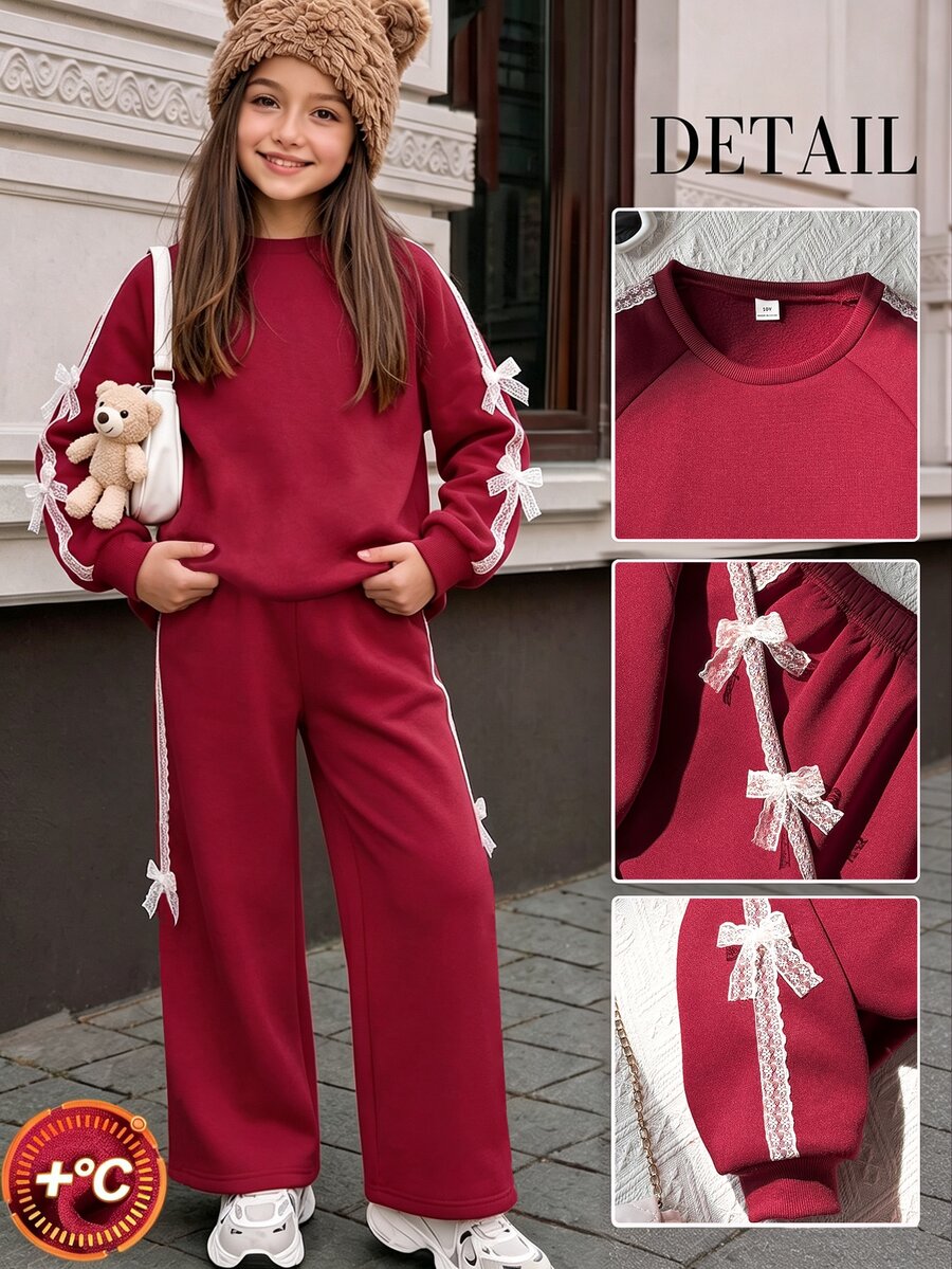 SHEIN Elladie kids 2件組大女孩甜美蕾絲蝴蝶結飾圓領長袖寬腿褲抓絨加厚運動衫褲套裝 秋季風格秋季穿搭 - 酒紅色 - 查看 1