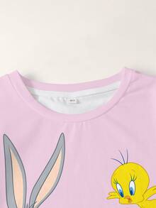 LOONEY TUNES X SHEIN 青少年女孩圓領短袖休閒百搭T恤 - 白色 - 查看 3
