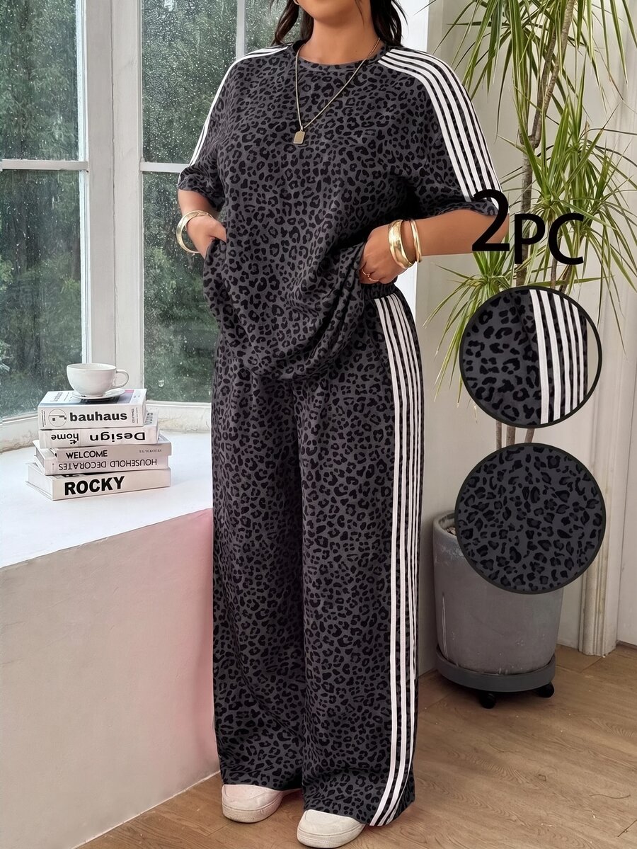 SHEIN EZwear 大尺碼女款豹紋拼色上衣與長褲休閒日常穿搭套裝 - 深灰色 - 查看 1