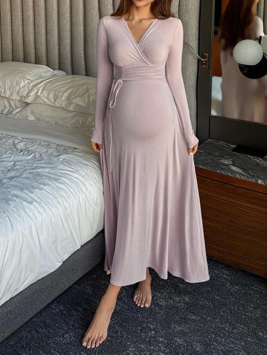 Dazy Maternity Solid Color Fitted Cinched Waist Ruched Tie Long Sleeve V-Neck Casual Vacation Daily Spring Autumn Dress Maternity Dress - Pink - View 1