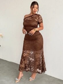 Firerie 大尺碼女款蕾絲拼接不對稱領優雅收腰派對洋裝 - 棕色 - 查看 3