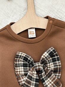 Cozy Pixies 兒童新生兒圓領長袖運動衫 格紋拼接下擺洋裝 - 棕色 - 查看 8