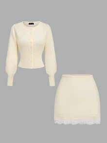 Autumina Women's Solid Color Lantern Sleeve Top And Mini Skirt Knit Set - Beige - View 8