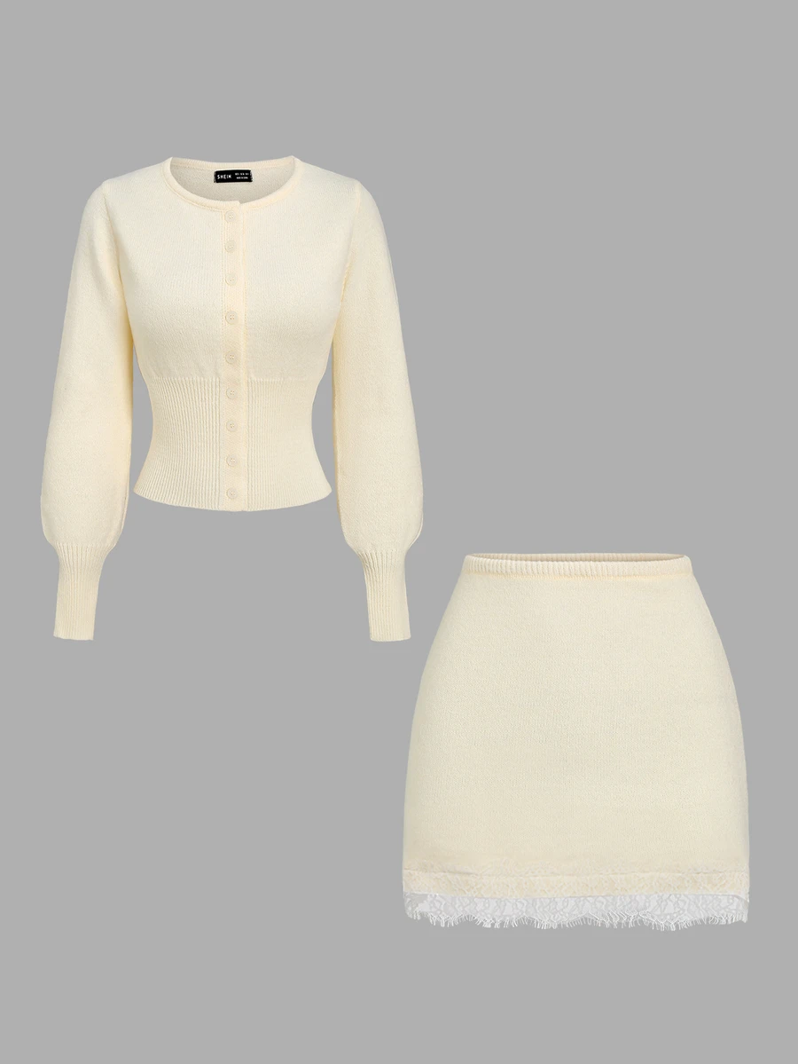 Sweetra Women's Solid Color Lantern Sleeve Top And Mini Skirt Knit Set - Beige - View 1