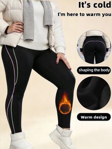 SHEIN Rhythm Era Legging Olahraga Wanita Ukuran Besar Musim Gugur/Dingin, Tebal, Berlapisan Termal, Motif Garis-Garis Blok Warna, Motif Patchwork - Hitam - View 7