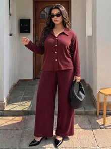 Elaquor Plus Size Ribbed Single-Breasted Long Sleeve Top And Loose Pants 2 Pieces Set - Burgundy - View 3