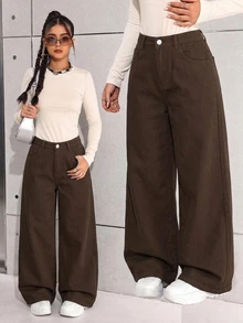 SHEIN 青少年女孩休閒百搭牛仔寬鬆闊腿長褲，附口袋 - 棕色 - 查看 2
