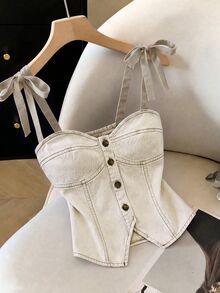 GlowEve Women's Summer Casual Front Button Camisole Beige Denim Top - White - View 3