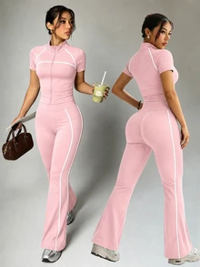 Dewbera Dewbera 2PCS Women's Sports Set Blush Pink Tight Fit Raglan Short Sleeve Color Block Split Stand Collar Full Zip Jacket Flare Pants Workout Yoga Gym Summer - Pink - View 4