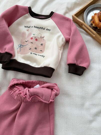 DAZY Baby Girls Round Neck Contrast Color Long Sleeve Cartoon Sweatshirt And Cuffed Sweatpants 2 Pieces Set