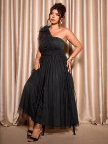 Cravure Plus Size Sleeveless Mesh Halter Bowknot Waist A-Line Elegant Romantic Dress, Suitable For Weddings, Parties - Black - View 3