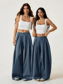 SHEIN PETITE 女款夏季復古休閒街頭風大尺寸軍綠色圓弧下擺長褲 - 霧霾藍 - 查看 7