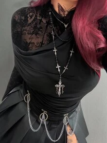 Whyspr Plus Size Long Sleeve Gothic Halloween Lace Patchwork Sexy T-Shirt - Black - View 4