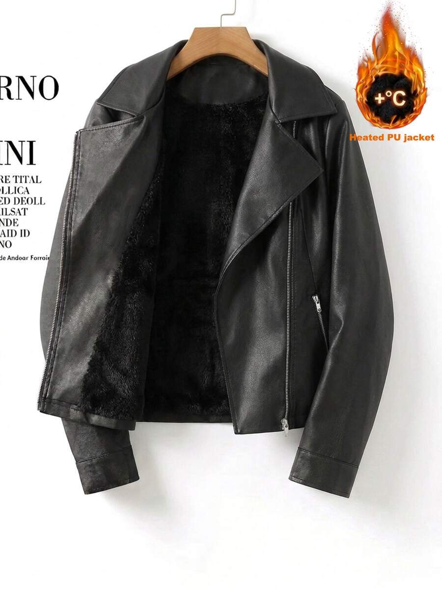SHEIN LUNE Jaket Lengan Panjang Wanita Ukuran Besar Warna Polos Bahan Kulit PU Modis dan Serbaguna - Hitam - View 1