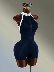 Amplova Backless Halter Neck Fitted Athletic Romper - Navy Blue - View 10