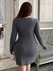Dazy Plus V-Neck Slim Fit Long Sleeve Knee-Length Solid Color Dress, Spring/Autumn New Sexy Style Nightgown - Grey - View 2