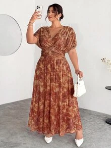 Firerie 女款優雅波西米亞度假通勤休閒法式浪漫交叉褶皺蝙蝠袖收腰傘擺長洋裝 V領性感米色 - 棕色 - 查看 2