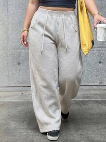 Dazy Plus Plus Size Women's Elastic Waist Curved Leg Loose Hem Joggers, Casual Baggy Sports Sweatpants, New Autumn/Winter Brunch Vacation Gray - Camel - View 3