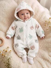 SHEIN Bộ romper có mũ cho trẻ sơ sinh, họa tiết thỏ hoạt hình, khóa kéo phía trước - Màu be - Xem 6
