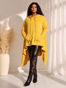 BrightlyHer Plus Size Solid Hooded Long Sleeve Drawstring Asymmetric Hem Sweatshirt With Pockets Autumn 2026 Formal Vacation Soft Yellow Black Casual - Yellow - View 3