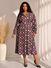 EMERY ROSE Gaun Wanita Ukuran Besar Lengan Panjang Motif Geometris dengan Saku, Kasual Elegan, Cocok untuk Musim Gugur, Kantor, Formal, dan Acara Malam, Warna Hitam - MultiWarna - View 5