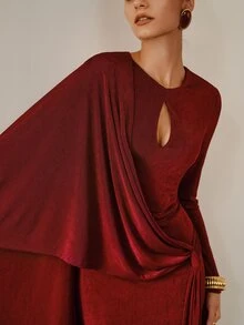 ZEYLAH Women's Solid Color Pleated Ribbon Design Fitted Elegant Dress - Burgundy - View 2