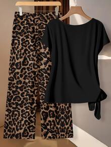SHEIN CURVE+ 復古豹紋上衣與長褲大尺碼兩件套 - 彩色 - 查看 2