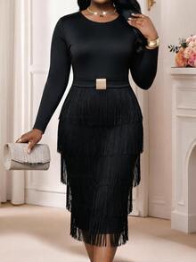 SHEIN Lady فستان حفلة أنيق متعدد الطبقات مع شراريب مقاس كبير - الأسود - مشاهدة 6