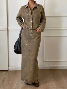 Livesso Setelan Jaket Denim Pendek dengan Celana Denim Lebar Warna Cokelat Musim Gugur dan Saku Kancing Kerah - Coklat - View 1