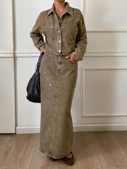 Livesso Autumn Brown Lapel Button Pocket Decor Short Denim Jacket With Wide Leg Denim Pants Set