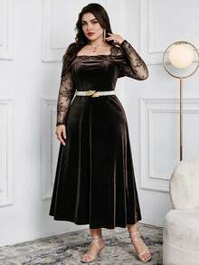 Modelyn Plus Size Elegant Party Lace Patchwork Dress - Coffee Brown - View 4