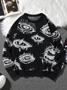 Manfinity Hypemode Men's Plus Size Eye Pattern Crew Neck Long Sleeve Casual Sweater - Black - View 1