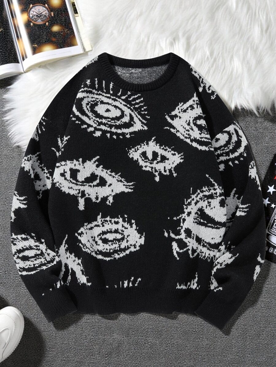 Manfinity Hypemode Men's Plus Size Eye Pattern Crew Neck Long Sleeve Casual Sweater - Black - View 1