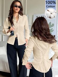 SHEIN EZwear 100%純棉杏色女款休閒百搭前扣式後收腰修身長袖襯衫，適合秋冬穿著 - 杏色 - 查看 11