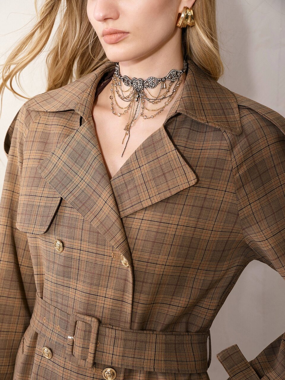 MOTF WOMEN'S AUTUMN/WINTER FASHION COMMUTE PLAID DOUBLE-BREASTED OPEN FRONT BELTED LONG TRENCH COAT