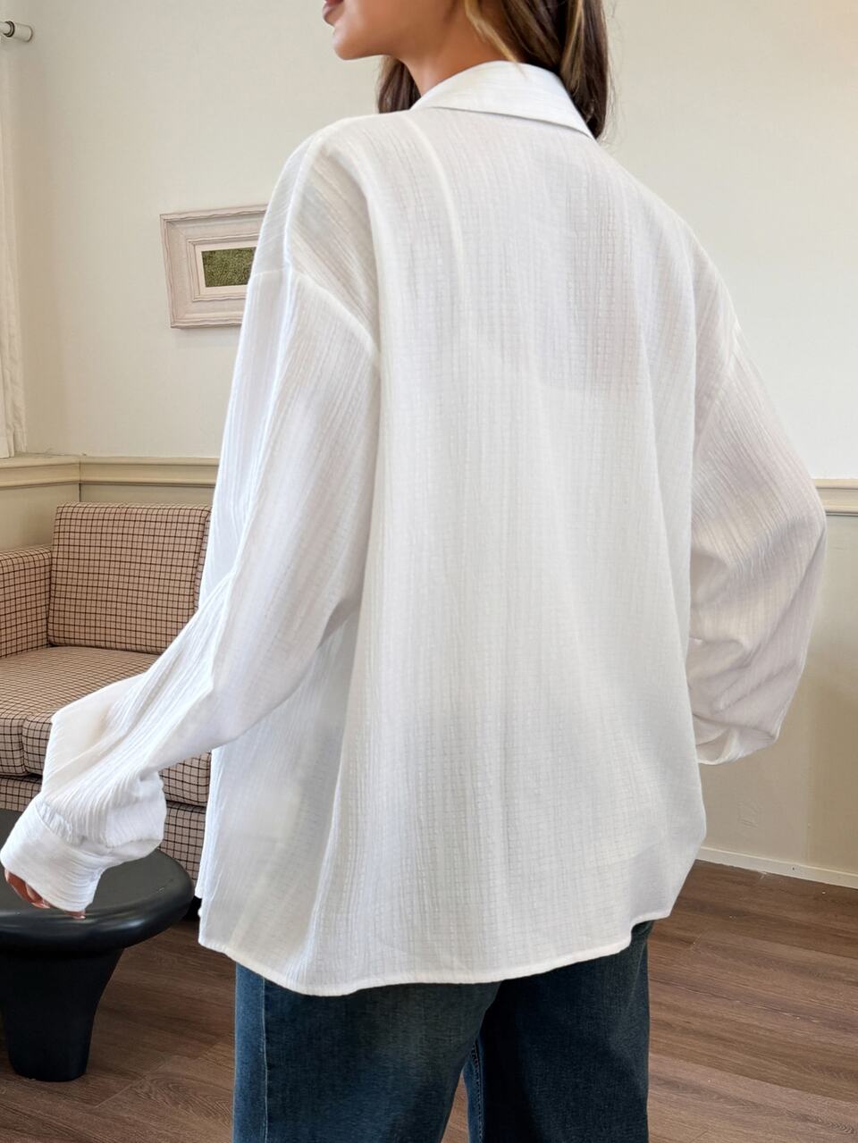 Solid Color Loose Fit Collared Long Sleeve Casual Vacation Korean Style Spring Autumn Shirt Maternity Blouse