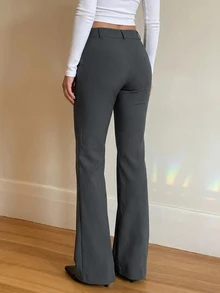Livesso Women's Solid Color Waist Button Design Flared Elegant Suit Pants Fall - Grey - View 2