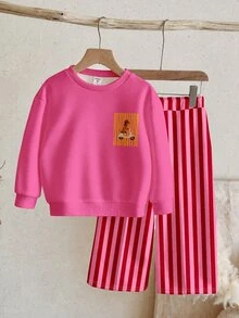 SHEIN 女嬰配套灰粉色臘腸狗印花長袖圓領套頭運動衫寬腿褲套裝 秋季家庭拍照 粉色條紋 - 彩色 - 查看 6