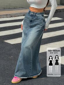 SHEIN PETITE تنورة جينز متوسطة الطول بأسلوب كوري عصري مع أزرار وجيوب للنساء، خريف، للنساء الصغيرات للاستخدام اليومي - الأزرق - مشاهدة 1