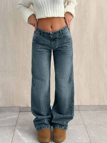 SHEIN Tall Women Dark Blue Washed Wide Leg Casual Jeans Tall - Dark Wash - View 3