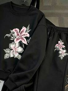 Resyla Women's Casual Floral Print Sweatshirt And Sweatpants Set - Black - View 4