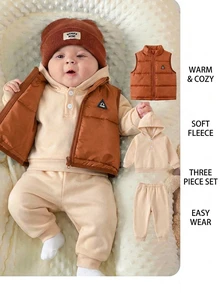 SHEIN Newborn Baby 3pcs Set: Hooded Long Sleeve Pullover Sweatshirt, Winter Pants, Sleeveless Vest - Apricot - View 3