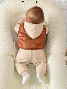 SHEIN Newborn Baby 3pcs Set: Hooded Long Sleeve Pullover Sweatshirt, Winter Pants, Sleeveless Vest - Apricot - View 2