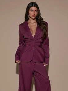 SHEIN BAE Women's Elegant Ruched Waist Long Sleeve Jacket And Striped Pants Suit Set - Burgundy - View 4